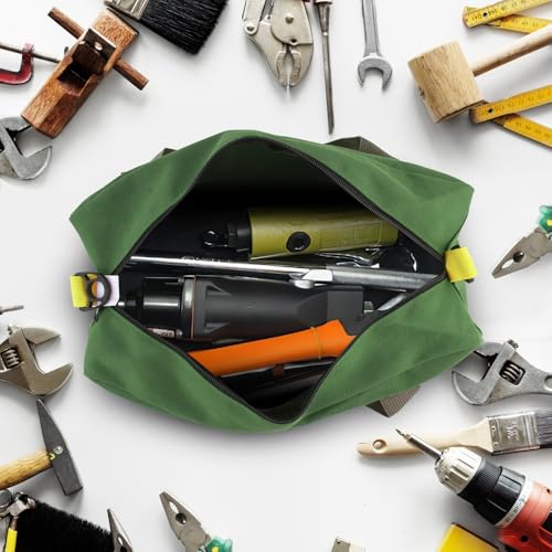 Green 12 Inch Canvas Tool Bag with Zipper & Handle - Multipurpose Organizer for Electrician, Plumbing, Gardening Tools