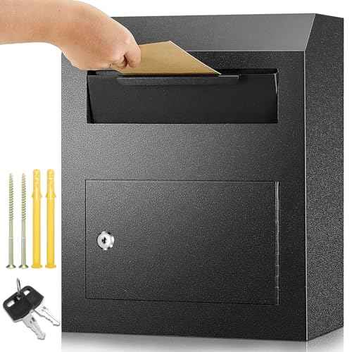 Key Lock Mailboxes for Outside Locking Wall Mount Mailbox Security Key Drop Collection Boxes for Home Business Rent Payments, Mail, Keys, Cash, Checks 15 x 12 x 4 Inches(Black)