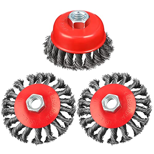 Rocaris 3 Pack Wire Wheel Cup Brush for Angle Grinders,3 & 4 Inch Twisted Knotted & Coarse Crimped Cup Brush,5/8-11 Inch Threaded Arbor for Rust, Corrosion