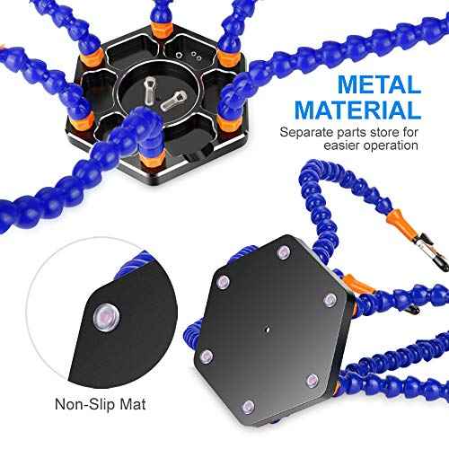 Helping Hand Soldering Third Hands Vise with 6 Flexible Arms LED Flashlight Magnifying Glass Aluminum Base for Soldering, Assembly, Repair, Modeling, Hobby, Crafts, Jewelry Making (Blue)