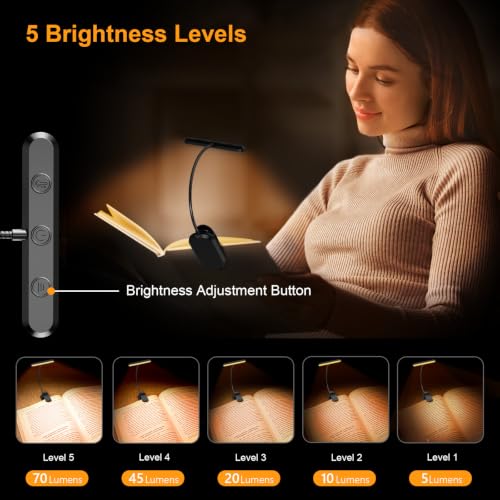 Gritin Rechargeable Book Light Black, 19 LED Reading Light with Adjustable Brightness & 360° Flexible Neck