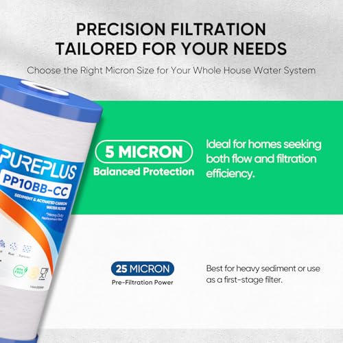 PUREPLUS 5 Micron 10x4.5 Inch Whole House Sediment & Carbon Water Filter 2-Pack