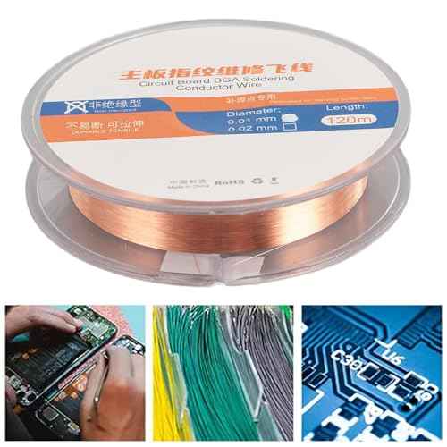 ViaGasaFamido Phone Chip Conduction Wire Non Insulation 120m Mobile Phone Motherboard Fingerprint Jump Welding Copper Soldering Jump Wire for PCB BGA Welding Repair (0.01mm)