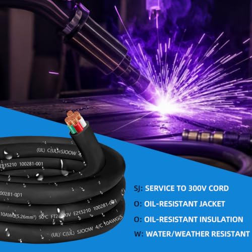 CLLOMAGY 10ft 10/4 Gauge SJOOW Power Cable - Oil & Water Resistant, 30amp, 4 Conductor