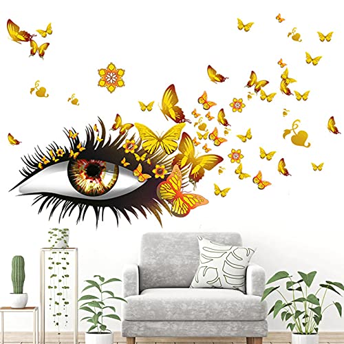 Creative Beautiful Girl Eyes Wall Sticker, Flying Butterfly Wall Decals, Girl Long Eyelashes Heart D?cor, DIY Art Vinyl Mural for Couple Lovers Girls Bedroom Living Room Decoration(Yellow)