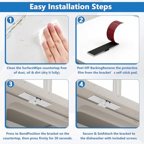 BigHead 8269145 Granite Countertop Dishwasher Mounting Bracket Kit — 2 Sets, Pre-Attached Self-Adhesive Pads Included