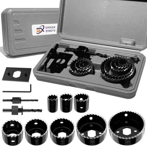 12-Piece Hole Saw Kit, Includes 8 Sizes (3/4" to 2-1/2"), Arbors, Drill Bits, and Hex Key, Ideal for Softwood, Plywood, and PVC (Black)