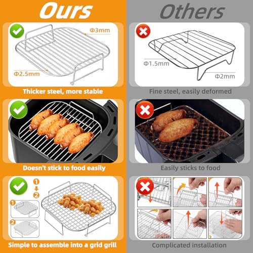 HONYAO Square 8'' Air Fryer Rack Set - 2x Stainless Steel Multi-Layer Grids