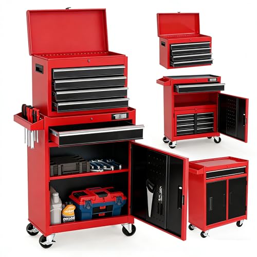 TUFFIOM 5-Drawer Rolling Tool Chest with Lockable Wheels, Detachable Top & Adjustable Shelf – Black/Red