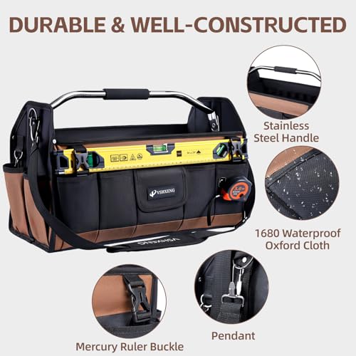 20 Inch Tool Bag, Foldable 19 Pockets Tool Tote Bags with Tool Organizer with Adjustable Shoulder Strap, Easy Carry and Easy Tool Access Open Top Tool Bag