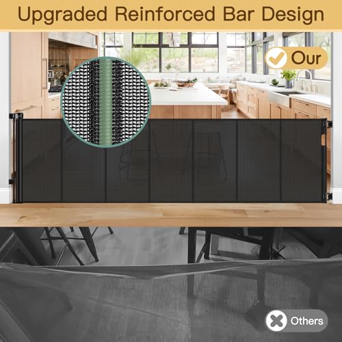 HEELALBABY 37-Inch Tall x 200-Inch Wide Black Retractable Baby Gate with Reinforced Bar - Indoor & Outdoor Mesh Fence for Pets & Kids