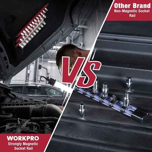 WORKPRO Magnetic Socket Organizer, 3/8-Inch Drive Aluminum Alloy Sockets Rail, Heavy Duty Sockets Holder, Socket Rack Kit 3/8-Inch x 10 Clips (Red)