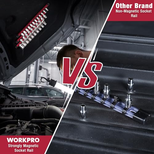 WORKPRO 3/8-Inch Drive Magnetic Socket Organizer Rail - Heavy Duty, Red Variation