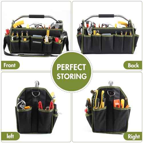 20In Electrician Tool Bag, Foldable Bags For Men Heavy Duty, Open Top Tool Tote, 30 Pockets Can Hold Many fittings, Organizer Stainless Steel Handle and Removable Shoulder Strap