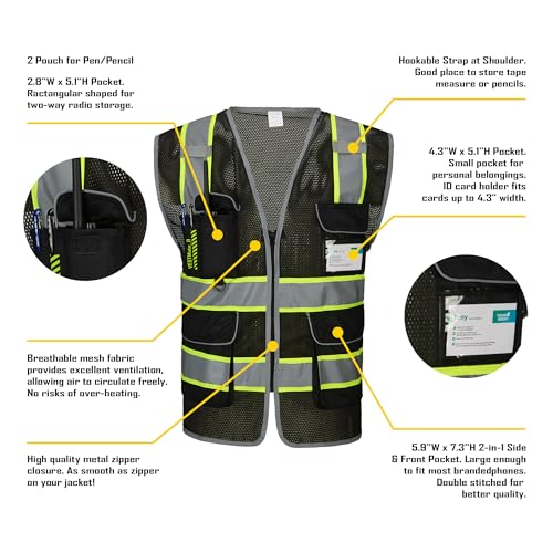 COOLJOB 9 Pockets Reflective Mesh Safety Vest for Men, Hi-vis Work Vest for Construction, Class 2 ANSI Standard, Black Yellow