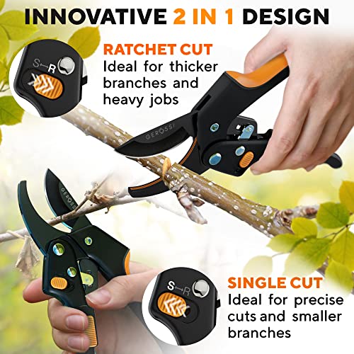Gerossi Heavy Duty Ratchet Pruning Shears - Orange, 2-in-1 Garden Hand Pruner