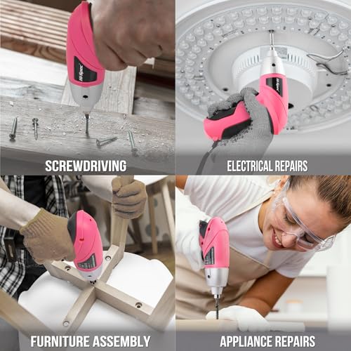 Hi-Spec Pink Mini Electric Screwdriver - Rechargeable Cordless Power Tool with 26 Bits for Home & DIY