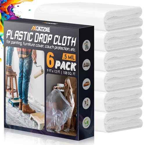 12 x 9 Ft Plastic Drop Cloths (6-Pack) - Disposable Painter's Sheeting & Tarps for Painting, Waterproof Furniture/Couch/Floor Protection