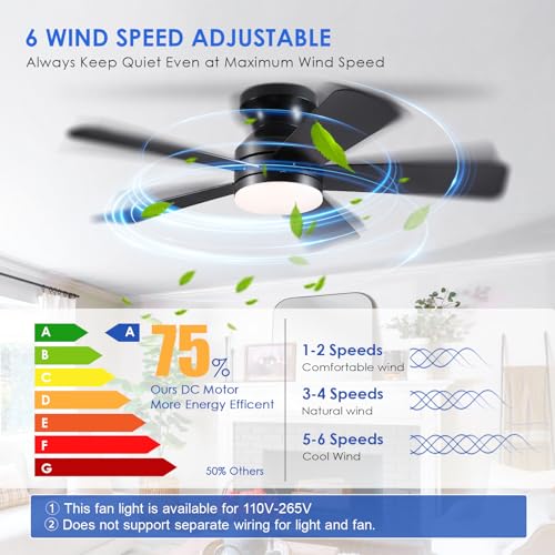 BYKISTOK 41 Inch Black Ceiling Fan with Lights Remote, Dimmable LED, Reversible, 6 Speeds, Low Profile, Flush Mount