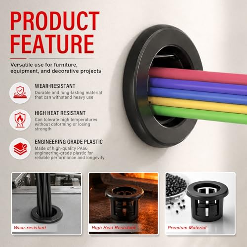 QCDENG 1/2 Inch 100PCS Cable Grommet Protector for Wire Management Black