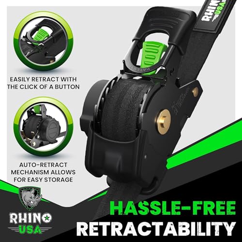 Rhino USA Retractable Ratchet Straps 4-Pack - 1in x 10ft Black, Heavy Duty