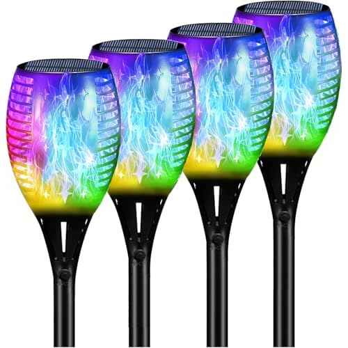 YoungPower Multi Color Halloween RGB Christmas Outdoor Solar Torch Lights, Flickering Flame Solar Garden Lights Decoration Waterproof Outside Yard Decor, 4 Pack