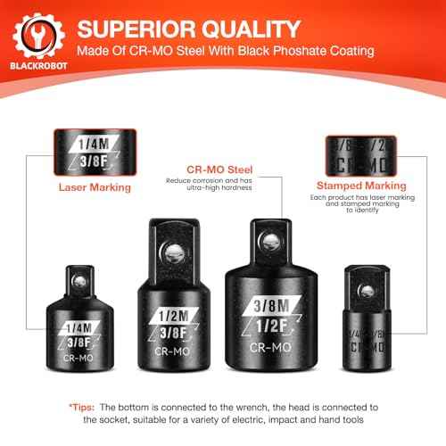 BLACKROBOT 4 Piece Impact Socket Adapter Set, 1/4" 3/8" 1/2" SAE Drive Socket Adapter Set, Square Adapter and Reducer Conversion Set for Impact Driver Wrench, Cr-Mo Steel