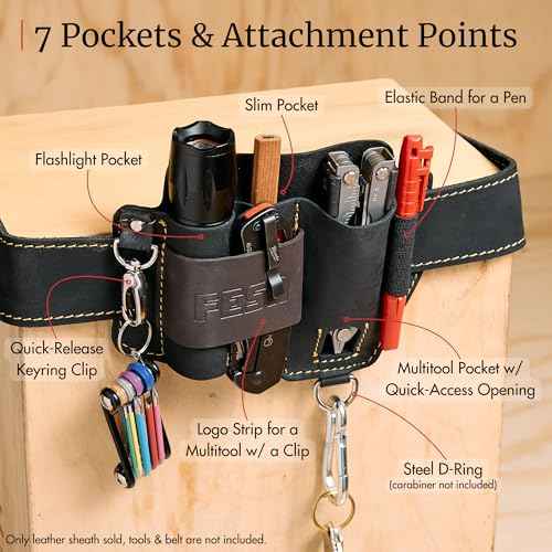 FESA Leather Multitool Sheath for Belt - Leather EDC Pouch Organizer for Tactical Pocket Knife, Flashlight & Pen - with Swivel Snap Hook - Work & Everyday Use Utility EDC Belt Pouch for Men