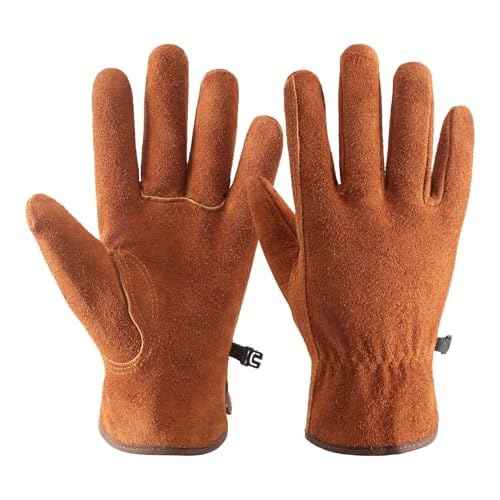 Tough Workwear Leather Work Gloves - Cow Split Leather Gardening & Construction Gloves - Brown