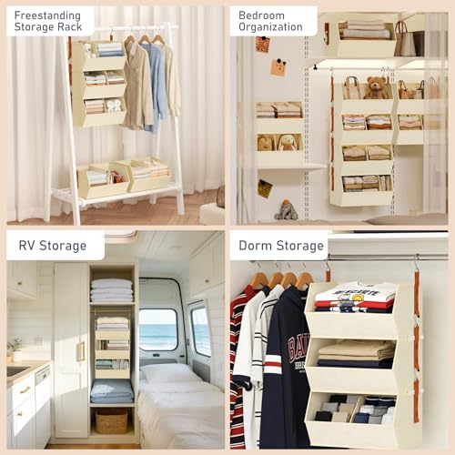 DIMJ Beige Hanging Closet Organizer 3-Pack - Extra Large Fabric Storage with Dividers