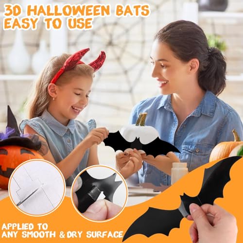 120 Pcs Halloween 3D Bat Wall Decals Waterproof Black Spider Decorations