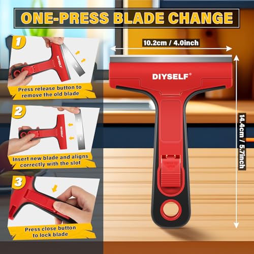 DIYSELF Razor Blade Scraper with 10 Metal Blades & Red Variation, 4-inch Heavy-Duty Cleaning Tool