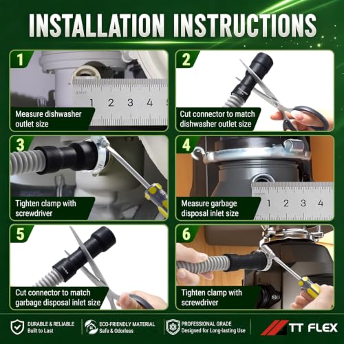 TTFLEX 6 ft Dishwasher Drain Hose — Flexible, Adjustable Inner Diameters 11/16, 1, 1-1/8 in