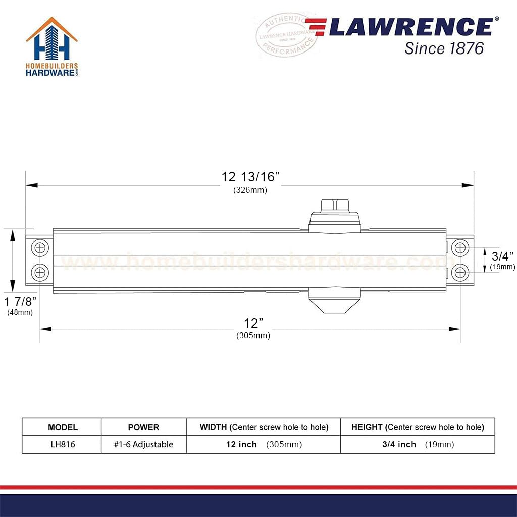 Lawrence Heavy Duty Door Closer Commercial Grade 1 - Adjustable 6-Speed Delayed-Action Door Control with 3 Pistons – Flexible Installation with Included Hardware - Embassy Series LH816