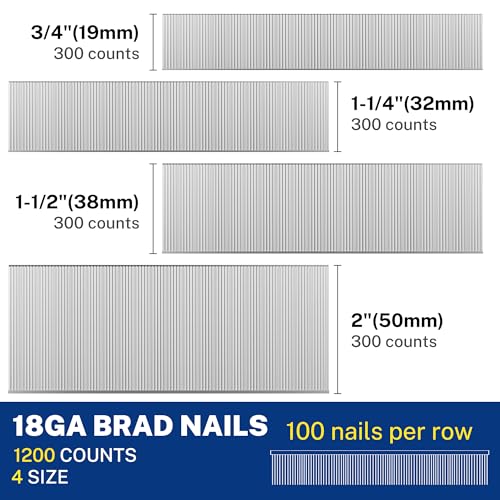 WORKPRO 1200 Count Brad Nails Assortment 2” 1-1/2” 1-1/4” 3/4” Heavy Duty Zinc-Plated Steel
