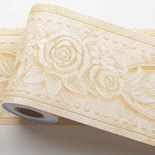 AbaBoorty Beige Floral Wallpaper Border Decor 196"X4.1" Peel and Stick Wall Border Waterproof Tiles Sticker Wallpaper Self Adhesive Removable Wall Stickers for Bedroom Living Room Decor