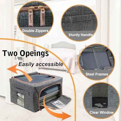 Linen Clothes Storage Bins, 4PCS Sturdy Closet Organizers and Storage Bin with Metal Frame, 2 Opening Ways Fabric Visible Lidded Storage Box for Organizing Clothing,Jeans,Sheets (4PC Gray, 22Liters)