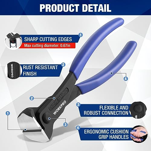 WORKPRO 7 Inch Nail Puller, End Cutting Pliers - Black Finish Chrome Vanadium Steel, High Leverage End Cutting Nipper, Carpenters Pincers, End Snips for Pulling Nails or Cutting Wires