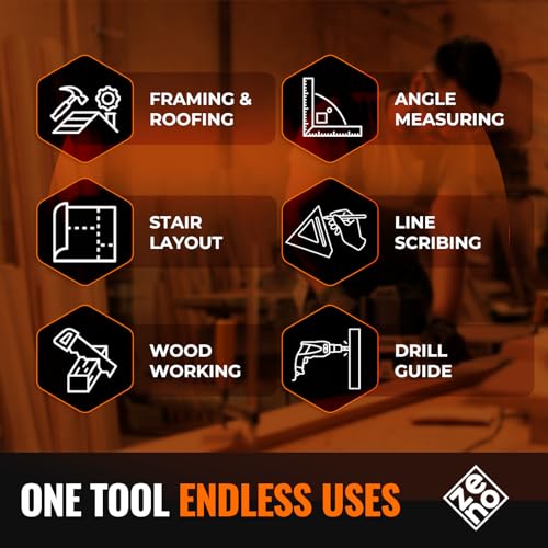 ZENO 7 Inch Carpenter Square 5-in-1 Ruler Protractor Drill Gauge Marking Pen Kit Black-Orange