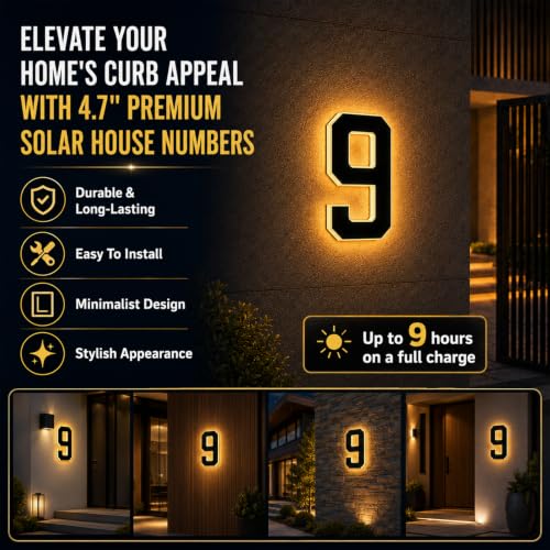4.7 Inch Solar House Numbers Black-1 Outdoor Wall Sign with Warm White Backlit