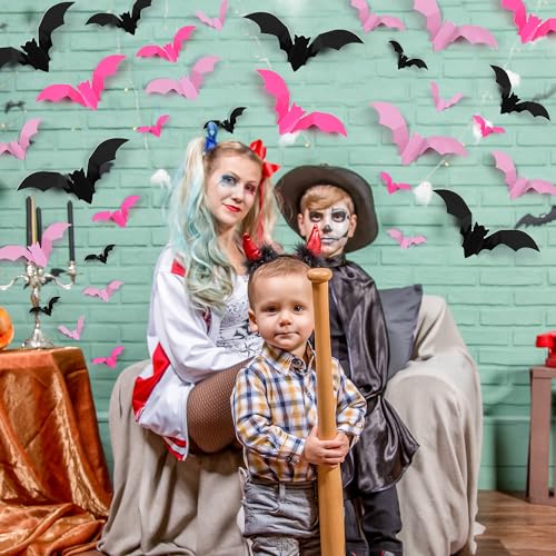 Pink & Black 72 Pcs 3D Bat Wall Decor Stickers Halloween Decorations