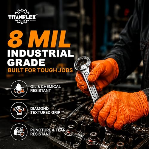 TitanFlex XL Heavy Duty Disposable Nitrile Gloves 8-mil Orange, Raised Diamond Grip, Powder-Free, 100-Count