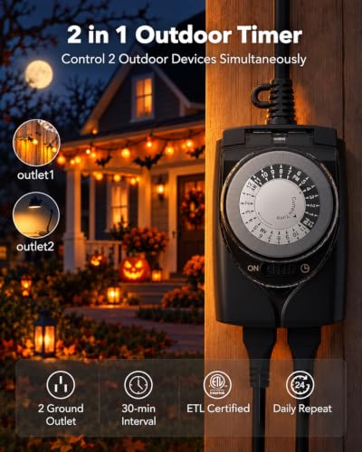 HBN 1 Pack Outdoor Waterproof Mechanical Timer Outlet for Christmas & Holiday Lights