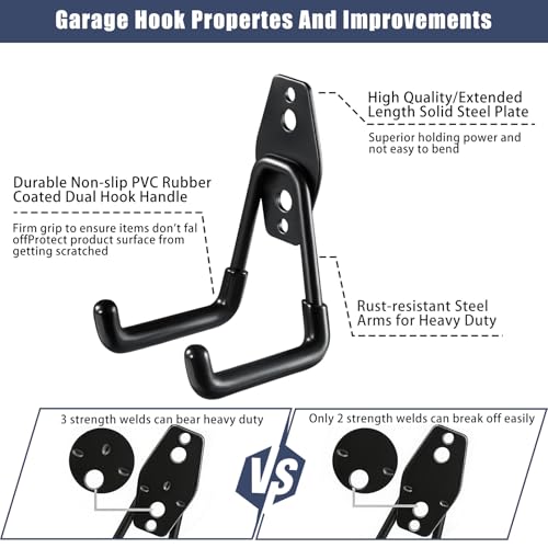 Black Heavy Duty Garage Storage Hooks 16 Pack - Wall Mount Organizer, Steel & Non-Slip Coated