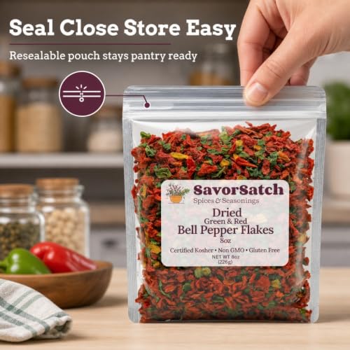 SavorSatch Dried Red & Green Bell Pepper Flakes 8oz Resealable Bag, Kosher, Non-GMO