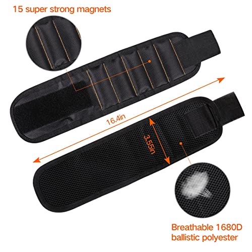 LATME Magnetic Wristband with 15 Strong Magnets for Holding Screws Nails Drill Bits-Best Armband Tool for DIY Handyman Unique Gift for Men (Black)
