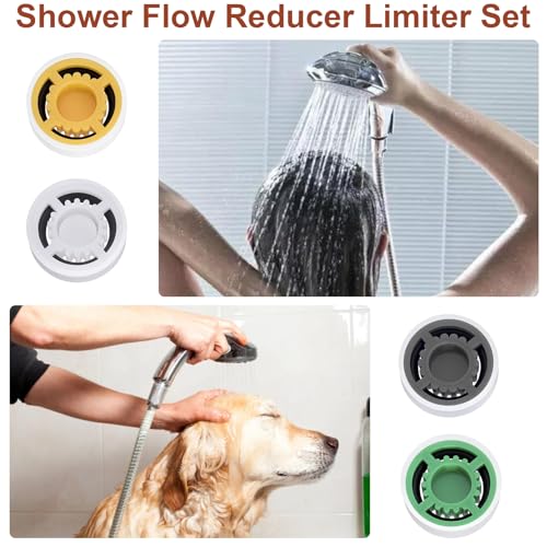 Isslly 4-Pack Shower Head Flow Restrictors with Adjustable GPM in White, Grey, Yellow, Green