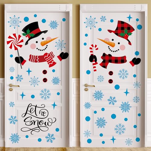 Kajaia Snowman Door Stickers Decor Winter Snowflake Door Decorations Large Candy Cane Removable Christmas Wall Stickers Xmas Wall Decals for Winter Home Window Refrigerator Garage