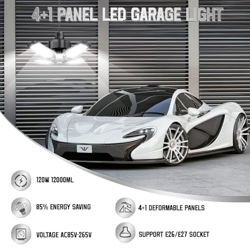 TOPAUBUB 2-Pack 120W 12000LM LED Garage Lights with 4+1 Adjustable Panels, E26/E27 Screw-In Shop Lighting, Daylight 6500K