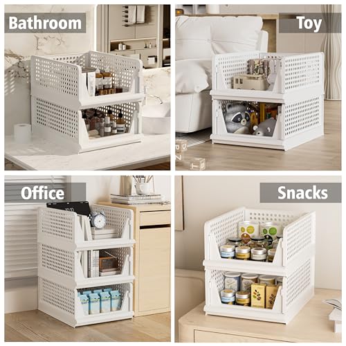 Stackable Closet Storage Bins with Open Front - Large Organizers for Wardrobe & Linen Shelves